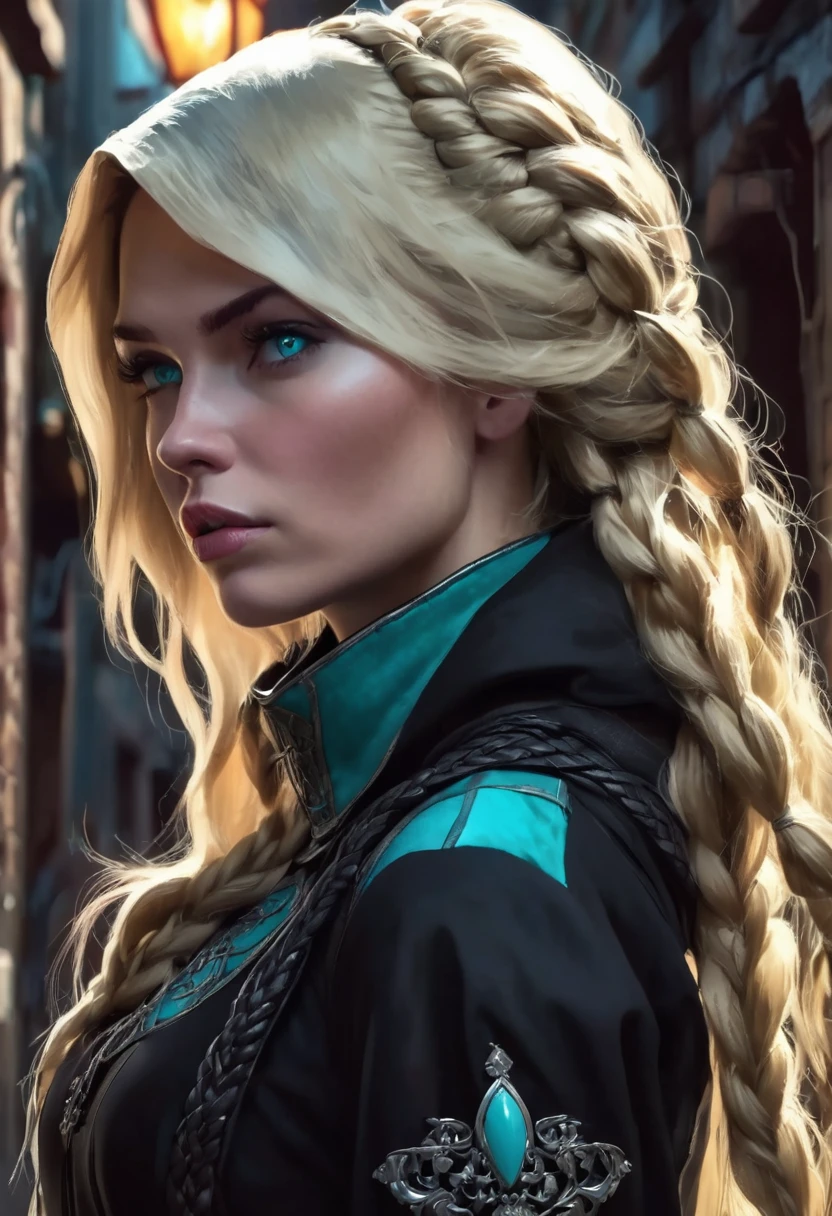 1 woman, inside a dark alley, wearing an all black medieval spy outfit with a hood on her head, feminine turquoise eyes, clear and detailed skin, blonde hair in a single braid, dramatic lighting, cinematic composition, somber palette, dark colors, atmospheric haze, thin chin, soft face, serious face, beautiful woman, adult woman, ultra realistic, profile picture, adult woman (best quality, 4K, 8K, high resolution, art: 1.2), ultra detailed (realistic, photorealistic, photorealistic: 1.37)