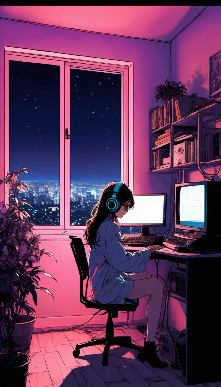 XXMix,Silhouette of frightened woman hiding in a 1980's radio station, neon light, in the style of coloring book comic, full body, raw hand drawn style, (from behind), Anime girl sitting in front of a computer in a cozy bedroom, Girl listening to music while studying in a cozy room (night), round glasses, Using headphones, on the roof, (beautiful night views from windows), lots of things, 2D anime style, The aesthetics of anime in the 90s, lo-fi, long hair, very detailed, hard disk, A mix of anime style and Fujifilm, surreal, 8k, masterpiece, violet eyes,black gloves, round glasses, long sleeves,violet hair, Flat Chest, smile, pantyhose