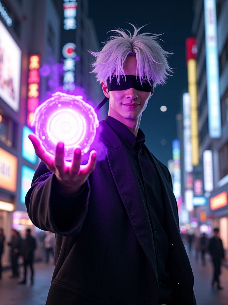 ((masterpiece, 8K, best quality, high resolution:1.3)), (a tall and slender man with a lean build:1.2), (he has a very delicate face:1.2), (his hair is completely white, slightly messy, falling over his forehead, and generally styled upwards:1.2), (his eyes are covered by a black blindfold:1.2), (he is wearing a black outfit consisting of a black t-shirt and matching pants, giving him an elegant and imposing appearance:1.2), (his style is confident and casual, reflecting his charismatic and powerful personality:1.2), (he is smiling:1.2), (a purple energy ball is being projected from one of his hands:1.2), (he is in Shibuya at night:1.2), (the background features the bustling streets of Shibuya with neon lights, tall buildings, and a crowd of people:1.2), (the scene is illuminated with dramatic, moody lighting from the city lights:1.2), (the composition showcases his dynamic pose and the vibrant energy ball:1.2), (a moment frozen in time, capturing the essence of power and charisma:1.3), (ultra photorealistic, highlighting his features and the energetic city backdrop:1.3), (an image that transports viewers to a captivating and immersive moment:1.2), (a scene that exemplifies the beauty of a powerful character in an urban setting:1.2)