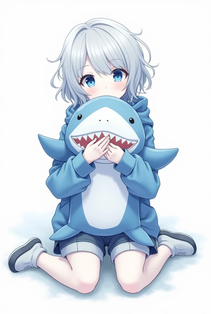 Highest quality, clear ,beautiful, Absurd, girl, Get a stuffed shark ,Shark motif, neutral, Sitting on the floor, View your viewers, short hair, curly, Gray Hair, blue eyes, Open your eyes, Eyes Wide Open, Pale skin, , hoodie, s old, , White Background, Soft Edge, Blue tint, Desaturated colors, pale colour, Blue and white,Watercolor-like feel,sketch