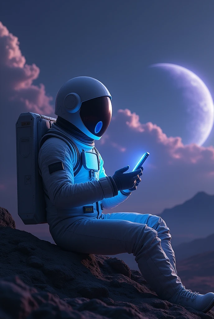 An astronaut sitting on a rock in an unknown planet is holding an Apple-branded mobile phone. Blue light shines from the mobile phone, Nova is cloudy and the radiation of a star can be seen through the dark sky. With 16.9 canvas