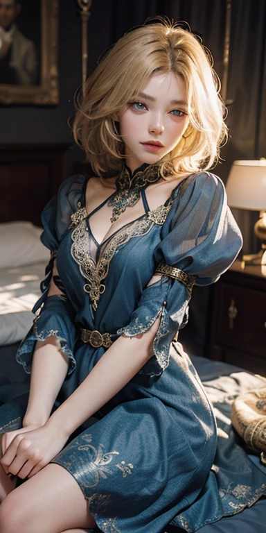 (masterpiece: 1.2, Portraiture, Highest quality), Realistic, (Live Action, Intricate details, Written boundary depth), Highest quality, masterpiece, Attention to detail, semi-Realistic, Sleeping in bed, shy, 21 years old, Short Blonde, Hair in the left eye, blue eyes, Royal dress, Slim figure、Canopy bed、 sleeping beauty,