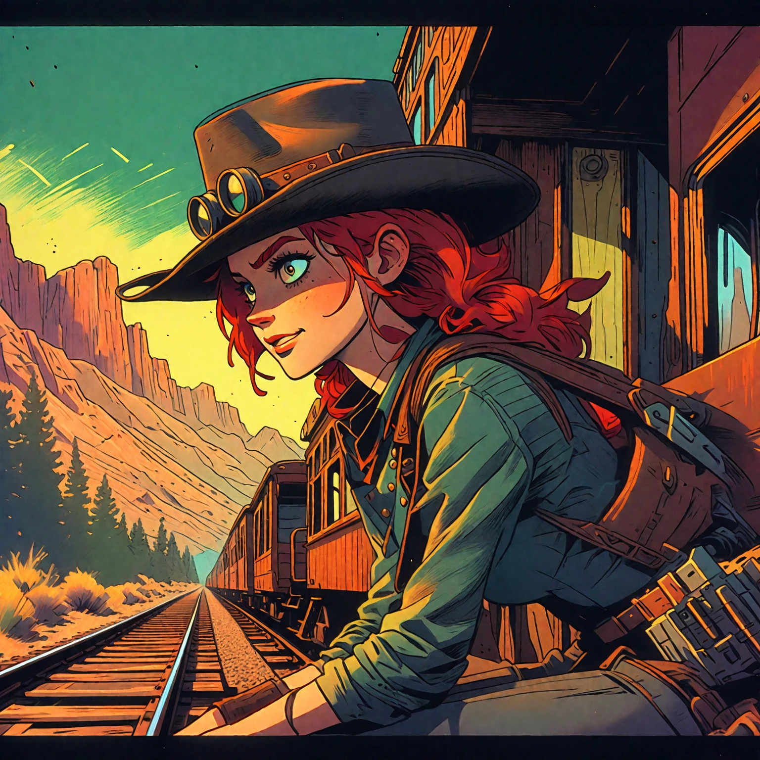 Tank Girls, riding at the end of the wagon with the brakeman in the back, kobow pays a different homage to the western, (jamie hewlett style reference), has red curly hair, looking at each other, close up, portrait, candid, close up of face, hand drawn, cartoon , animated, 1990s comic, (full roygbiv color) ink charcoal expressive illustration, sense of movement and energy as the train moves through the Sierra mountains, background is the western plains in the distance, no light source, dark, light mask across face UV rays, absurd, rich color graded, cel shading, warm and combined colours, rotoscoped, animated, VHS, glitch, warped, nostalgia, 90s retro vibe, hypermax, weird, hyperrealistic, rotoscope expressive ink thick line hand drawn, cinematic, analog tape, vcr aesthetic television, television, hand drawn, minimal, precise,