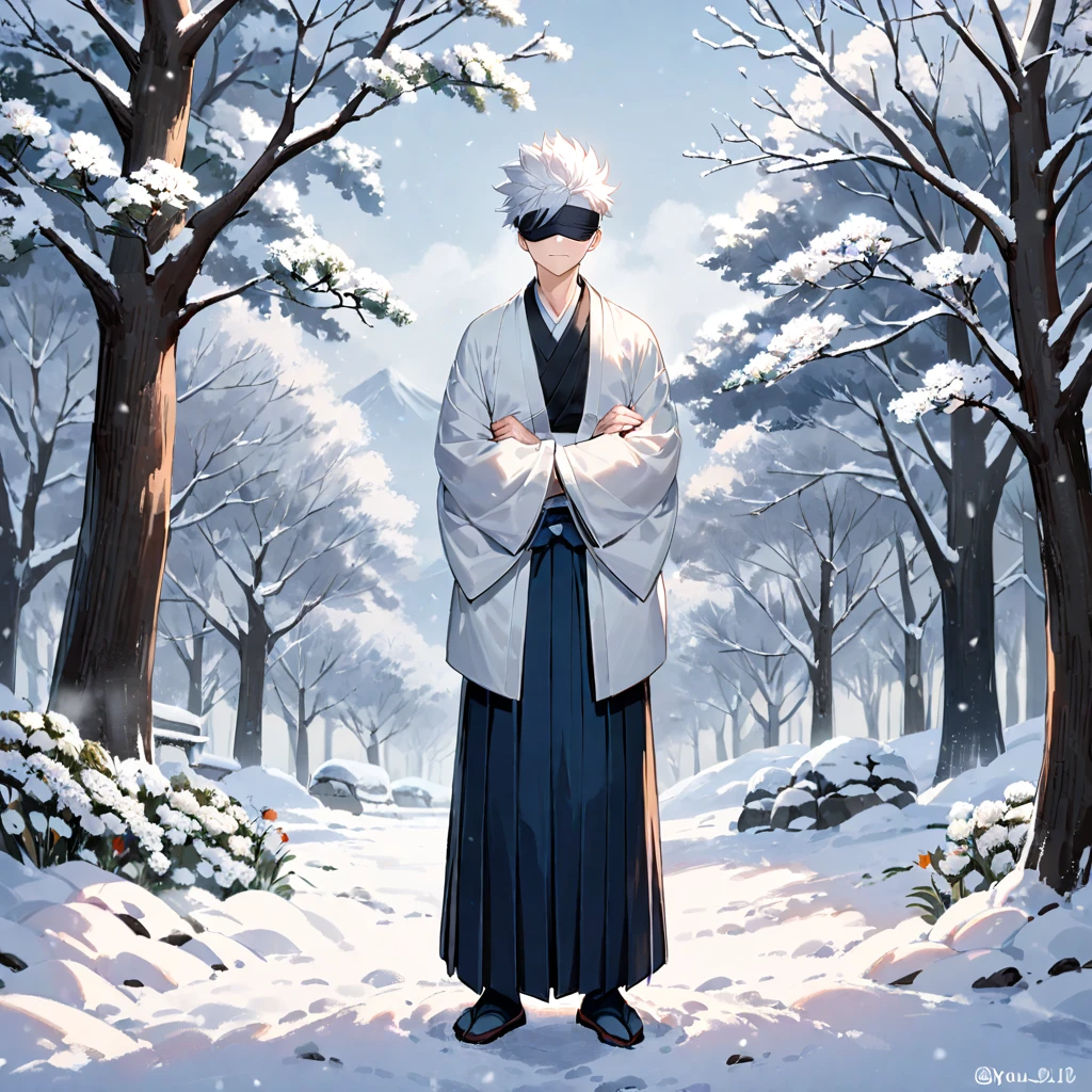 1boy, solo, male focus, white hair, gojou satoru, japanese clothes, wide sleeves, blindfold, standing, short hair, kimono, hands in opposite sleeves, snow, full body, twitter username, outdoors, long sleeves, facing viewer, closed mouth, tree, hakama, crossed arms, closed eyes, flower, ((medium quality)), ((medium quality))