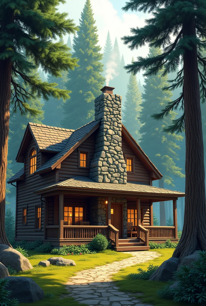 House in the forest surrounded by spruce trees with fireplace