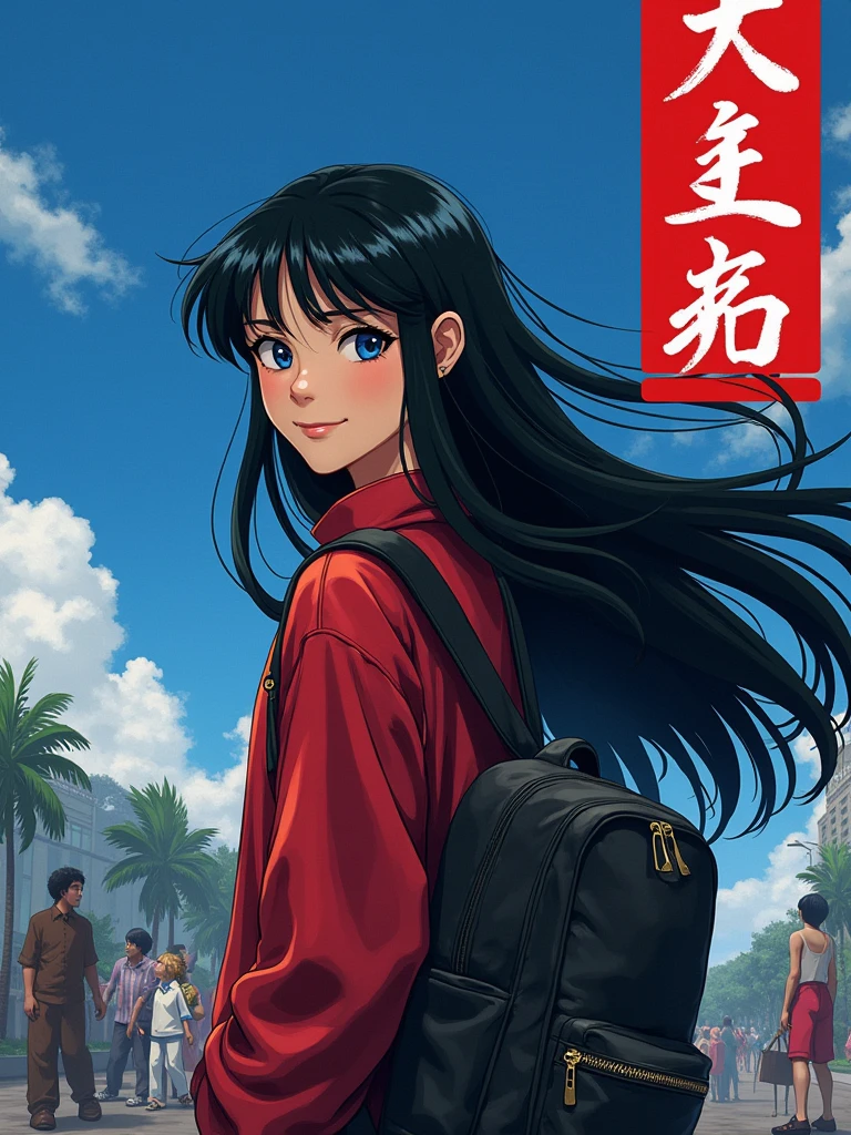 Design a cover for a dark fantasy psychological drama light novel set in Rio de Janeiro in 2050, with a style similar to "inuyasha" ou "Yuyu Hakusho", showing a smiling Japanese teenager holding a backpack with long black hair in the foreground, while in the background other characters fight; use a red and black palette, but with a blue sky, and put the title in a box in the upper right corner. -imagine