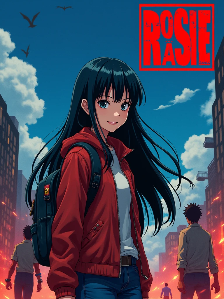 Design a cover for a dark fantasy psychological drama light novel set in Rio de Janeiro in 2050, with a style similar to "inuyasha" ou "Yuyu Hakusho", showing a smiling Japanese teenager holding a backpack with long black hair in the foreground, while in the background other characters fight; use a red and black palette, but with a blue sky, and put the title in a box in the upper right corner. -imagine