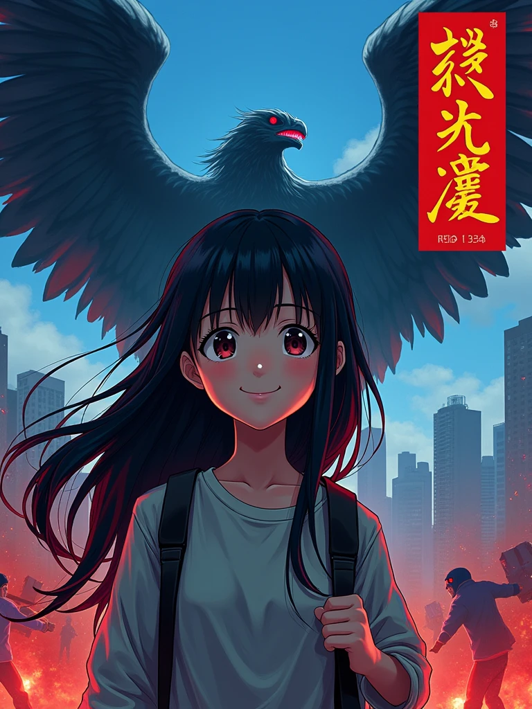 Design a cover for a dark fantasy psychological drama light novel set in Rio de Janeiro in 2050, with a style similar to "inuyasha" ou "Yuyu Hakusho", showing a smiling Japanese ager holding a backpack with long black hair in the foreground, while in the background other characters fight; use a red and black palette, but with a blue sky, and put the title in a box in the upper right corner. -imagine