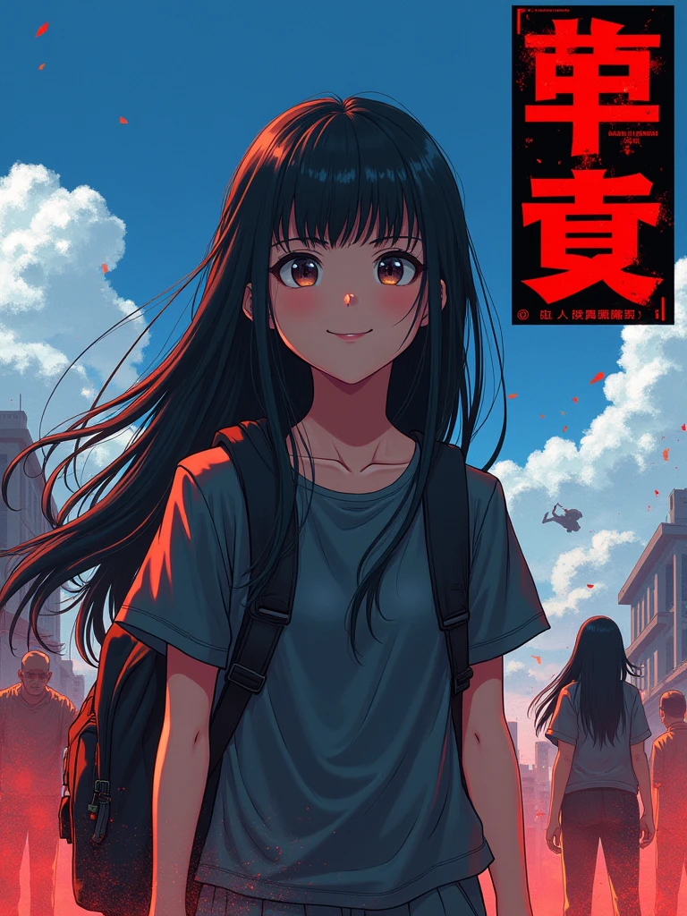 Design a cover for a dark fantasy psychological drama light novel set in Rio de Janeiro in 2050, with a style similar to "inuyasha" ou "Yuyu Hakusho", showing a smiling Japanese teenager holding a backpack with long black hair in the foreground, while in the background other characters fight; use a red and black palette, but with a blue sky, and put the title in a box in the upper right corner.  -imagine