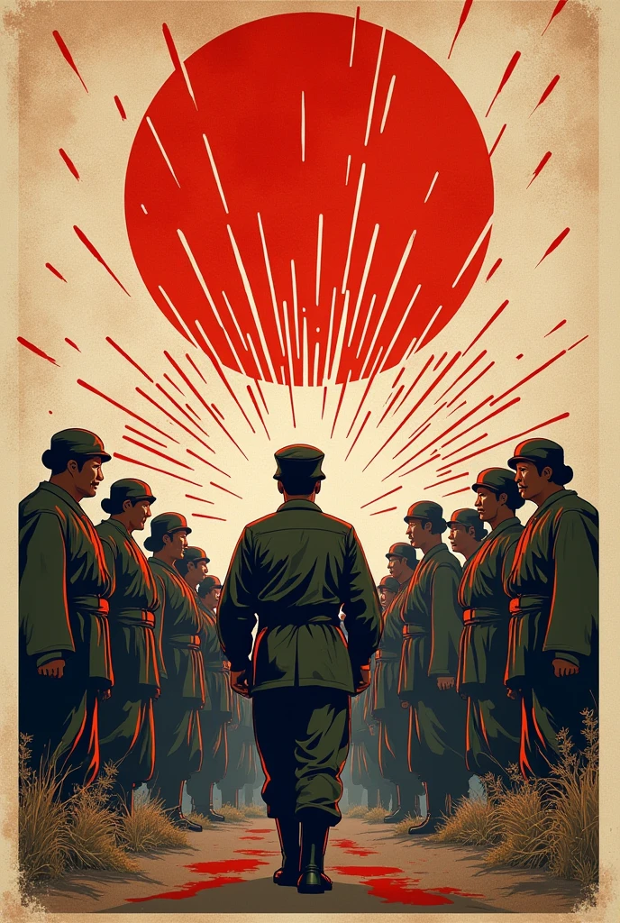 Text for the poster:
"Protecting is our honor!"
Image description:
In the poster, visualize several Japanese peasants in traditional clothing, standing determinedly, using their bodies and farming tools to protect a Japanese soldier in a World War II uniform. The bullets are represented as a shower of sparks or lines, deflected by this human barrier. The style of the image should resemble World War II propaganda posters, with strong colors and high contrast, conveying a sense of unity, sacrifice and patriotism. The peasants are portrayed with expressions of courage and determination, while the protected soldier is in the center, in a firm and resolute posture.
Note: Make sure your poster captures the graphic style of the 1940s, with an emphasis on simplicity of shapes and bold colors like red, black, and white.