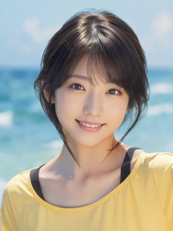 masterpiece, Highest quality, One Woman, (Yellow T-shirt:1.2), 22 years old、(RAW Photos, Highest quality), (reality, Realistic:1.4)、Clean look、Iris、very detailed eyes and face, Beautiful and detailed nose, beautiful eyes, Perfect Anatomy、Black short hair、Wet Hair、Crystal skin, A cool smile、Face Focus、Summer beach、