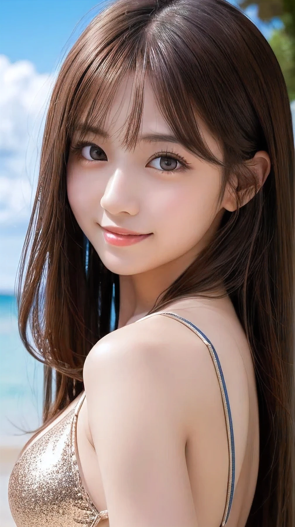 High resolution, High resolution, Japanese Girls, beautiful, very cute, Big eyes, The breasts are very large, Superior Quality, Highest quality, Very detailed, Realistic, 8k, RAW Photos, Highest quality, masterpiece, Attractive girl, Awesome girl, Sophisticated, smile, Long Hair, Brown Hair,Wear a swimsuit,Sparkle Effect,