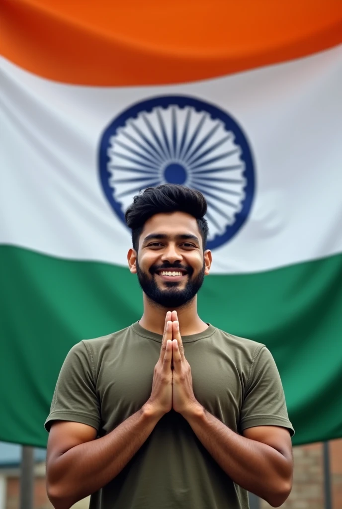 A 25 year old boy with beard doing namskar with a smile and standing background indian flag