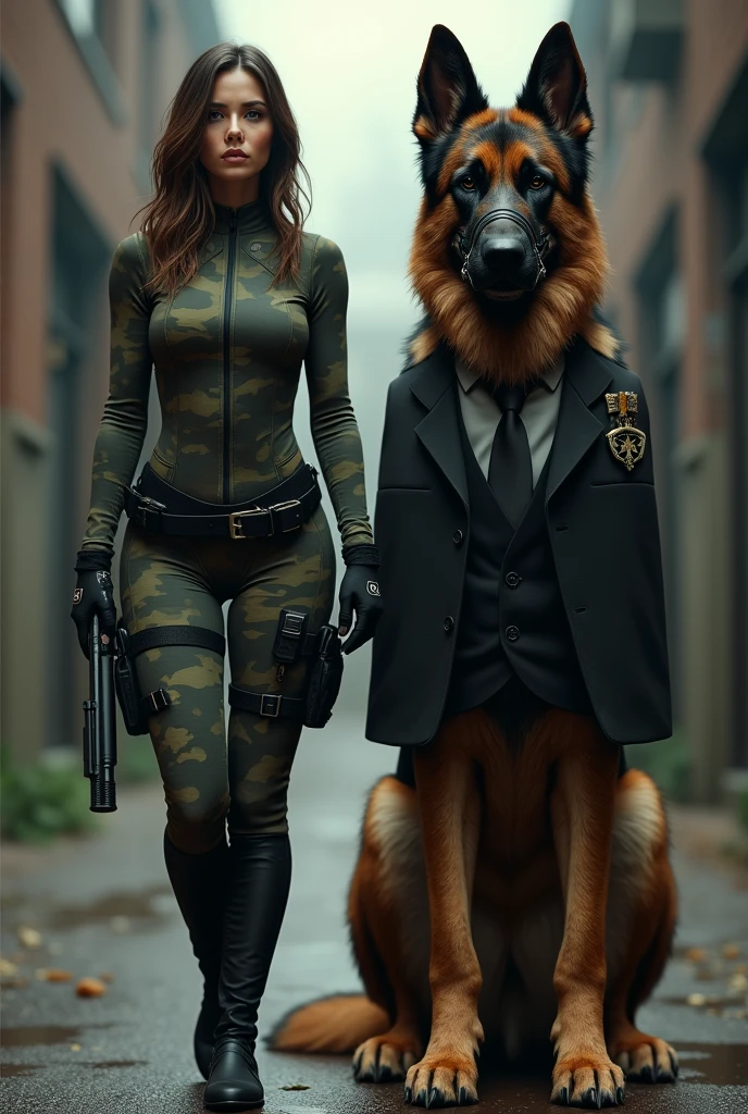 A girl in a camouflage tight suit stands next to a sitting German Shepherd dressed in a suit and muzzle