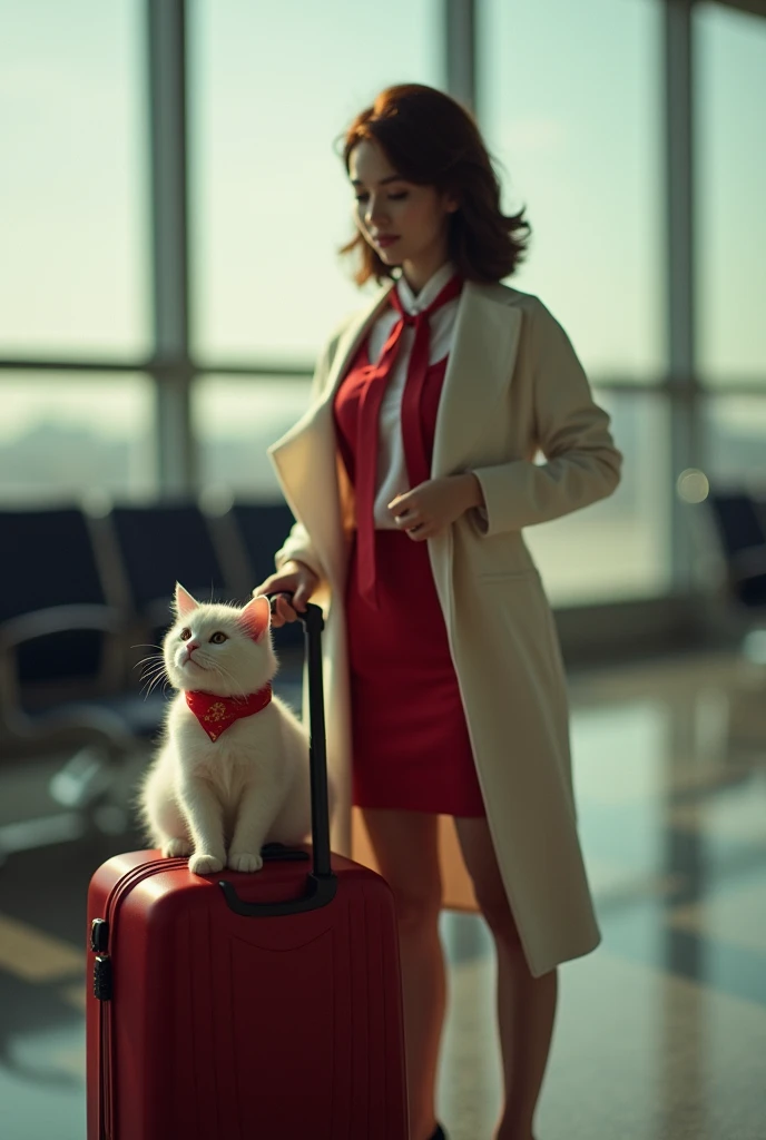 35mm lens，Multiple angles，漂亮的Cat，cute，Sexy，Personification，Back，side，silhouette，Overhead shot，Cat，Standing，doll，Airline stewardess，Trolley case，，AIRPORT，Airline stewardess， cloak,Ruan Jia,，Work clothes，tie, (Delicate face), (Fine fluffy fur)，（35mm Cinema Lens），（Multi-angle shooting），（many viewing angles）