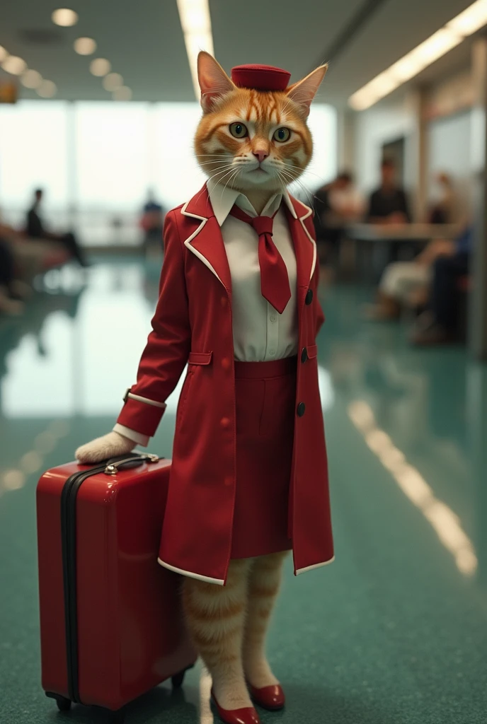 35mm lens，Multiple angles，漂亮的Cat，cute，Sexy，Personification，Back，side，silhouette，Overhead shot，Cat，Standing，doll，Airline stewardess，Trolley case，，AIRPORT，Airline stewardess， cloak,Ruan Jia,，Work clothes，tie, (Delicate face), (Fine fluffy fur)，（35mm Cinema Lens），（Multi-angle shooting），（many viewing angles）