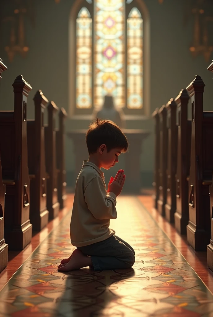 A boy kneeling day in church for prayer