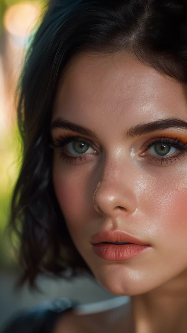 (((ultra realistic))) Photo, masterpiece, top quality, (Pale skin), (Ultra detailed face and eyes.:1.3), 1 girl, adult, with a black t-shirt, (eye makeup, black mascara) , ((big detailed lips)), ((dark wavy hair)), ((Chiolka)) , (natural breasts), ((Posing)), Photoshoot, (side light), (The game of lights and shadows), depth of field, bokeh, (Special attention to leather details.: 1.2), detailed leather texture, skin pores. (Dark atmosphere of the frame.. Color range - black, orange, red, yellow tones), DR, (film grain), (good heavens), ((Glare)), ((Close-up portrait, close to the camera)) , ultra detialed,