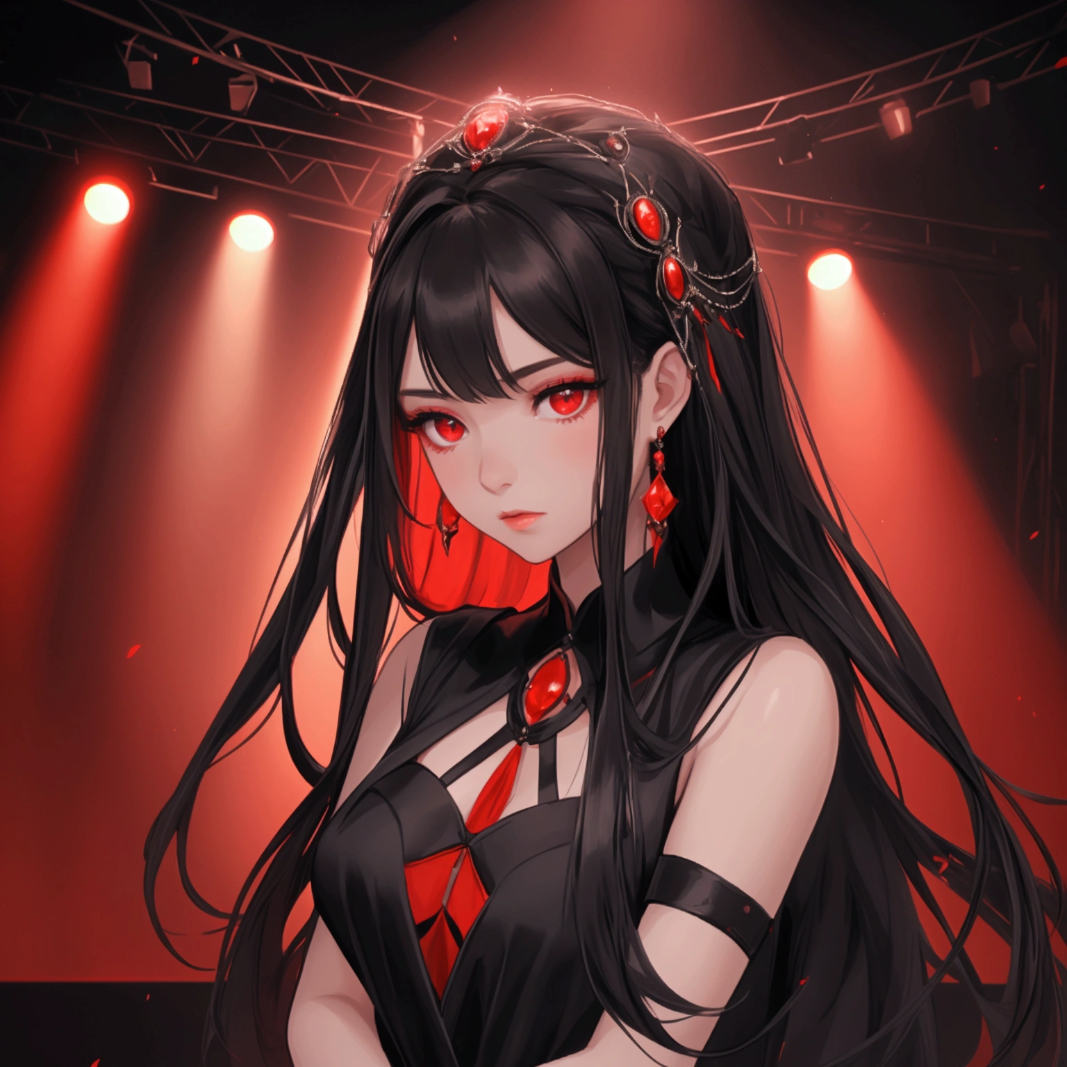 Beautiful young woman with long black hair wearing a night dress. The background is a stage with red and black tones. There is a spotlight shining on her face. Close-up.