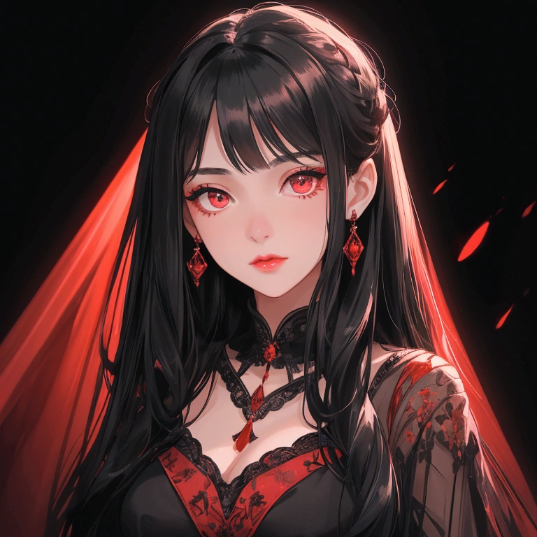 Beautiful young woman with long black hair wearing a night dress. The background is a stage with red and black tones. There is a spotlight shining on her face. Close-up.