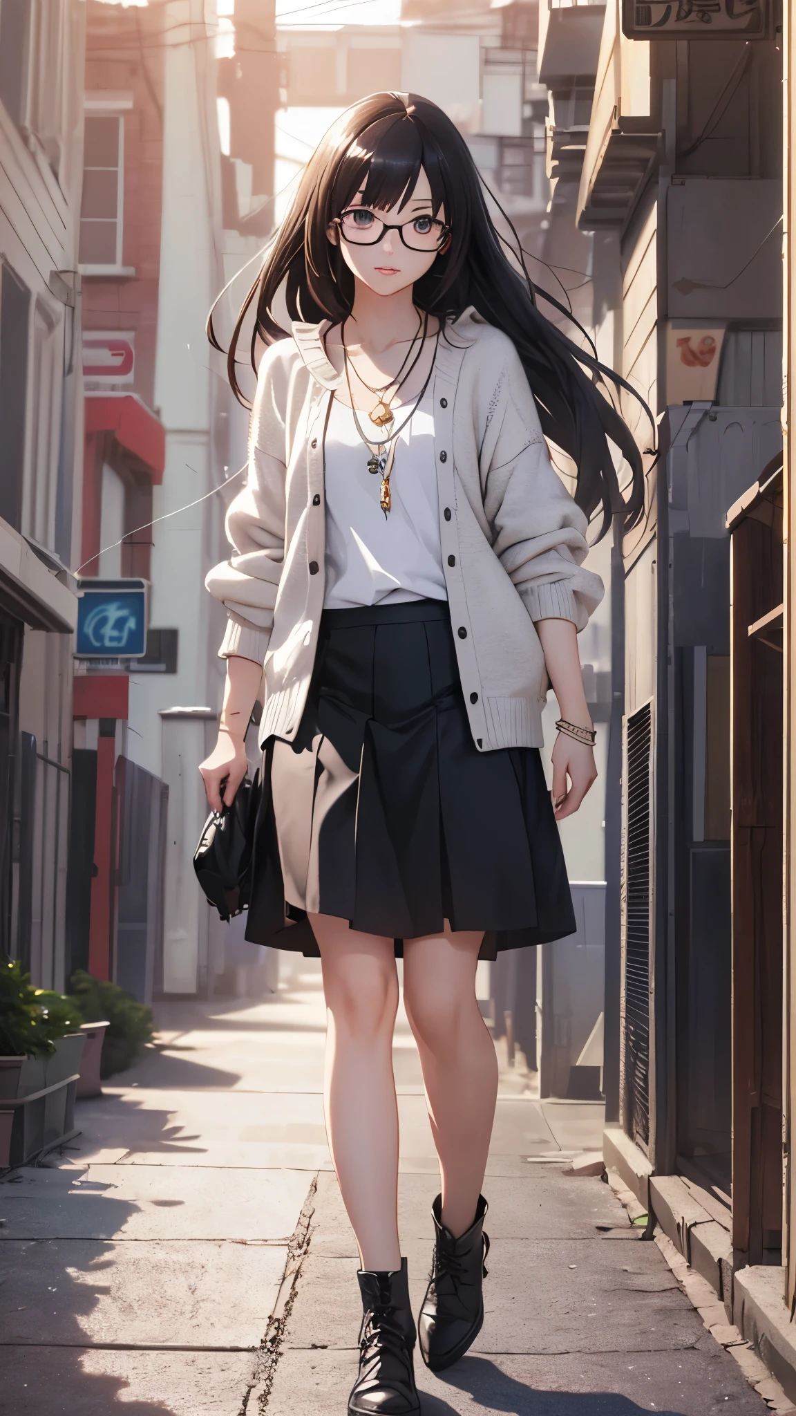 (highest quality,4K,8K,High resolution,table top:1.2), super detailed, (realistic,photorealistic,photo-realistic:1.37),((full body)), Unfortunate,Glasses,((black hair)), ((long hair)),tight-design-sweater,maxi-length-long-skirt,necklace,shoes,beautiful and fine eyes, beautiful detailed lips, highly detailed eyes and face, long eyelashes, realistic anime 3D style, Smooth anime CG art, Digital rendering by Makoto Shinkai, Moe anime art style, photorealistic rendering of an anime girl, Shinkai Makoto style, Cute anime girl visuals, realistic young anime girl, girl fan art, Created by Anime Artist'studio of.