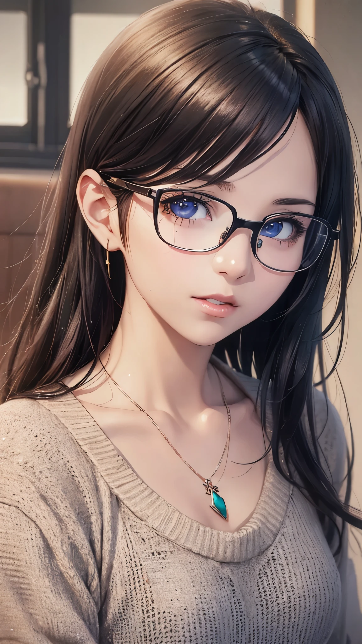 (highest quality,4K,8K,High resolution,table top:1.2), super detailed, (realistic,photorealistic,photo-realistic:1.37),((full body)), Unfortunate,Glasses,((black hair)), ((long hair)),tight-design-sweater,maxi-length-long-skirt,necklace,shoes,beautiful and fine eyes, beautiful detailed lips, highly detailed eyes and face, long eyelashes, realistic anime 3D style, Smooth anime CG art, Digital rendering by Makoto Shinkai, Moe anime art style, photorealistic rendering of an anime girl, Shinkai Makoto style, Cute anime girl visuals, realistic young anime girl, girl fan art, Created by Anime Artist'studio of.