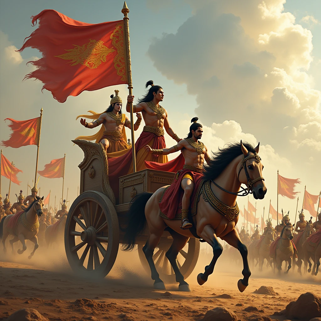 Depict a powerful battlefield scene where Arjuna, marked by the banner of Hanuman, is on his chariot, drawing his bowstring in preparation for battle. Illustrate Arjuna with a focused expression, his chariot in a dynamic pose as he gets ready for combat. Krishna, his charioteer, should be beside him, attentively listening as Arjuna speaks. The Kaurava army should be visible in the background, arranged in battle formation. Include rich details such as the chariot’s intricate designs, the tension in the air, and the surrounding warriors and banners, emphasizing the transition from preparation to the critical dialogue between Arjuna and Krishna