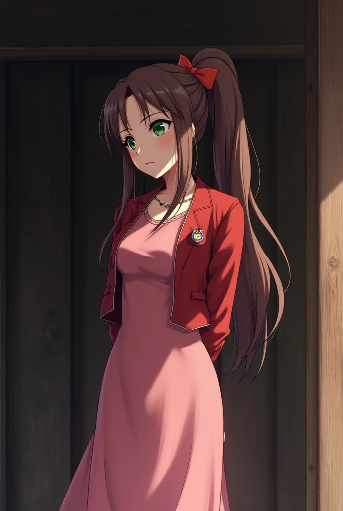 Ultra-high resolution, (masterpiece, Highest quality), Aerith Gainsborough, (Asian beautiful girl, alone:1.1), (hair, long hair, brown hair, dutch hair, Single Ponytail, Braidinged ponytail, bow, ribbon, hair bow, ponytail ribbon, big ribbon), (eye, (Big eye:1.2), green eye), jewelry, necklace, (chest, Natural chest,( Big chest:1.2)), Braiding,Inside a dark wooden shed、 bracelet, (Jacket, Red Jacket, Open Jacket, Short sleeve, cropped Jacket), (dress, Long dress, Pink dress, Vunack), Written boundary depth, Realistic, nose, (shot, full-body shot, cowboy shot), Look to the side、His hands are tied tightly behind his back、Angry face、