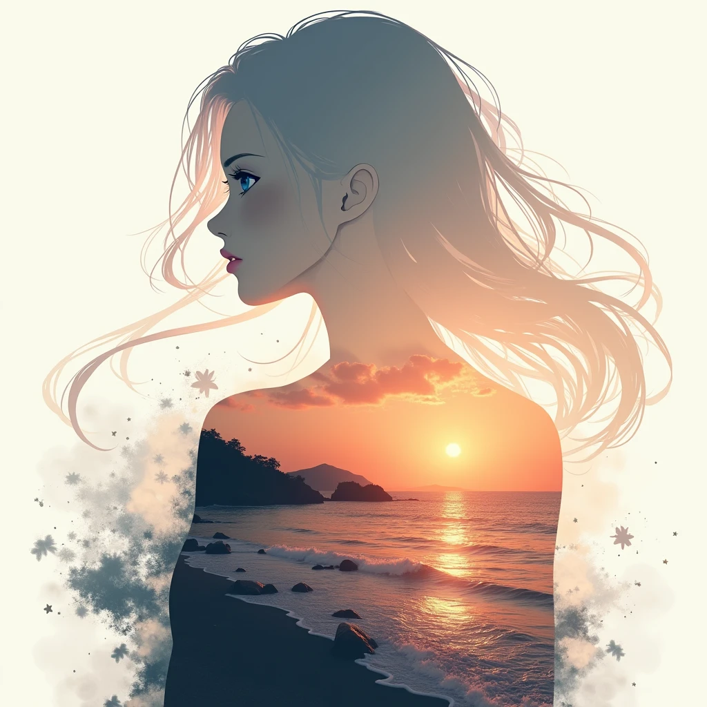  Anime goddess girl high quality, 8K Ultra HD, A beautiful double exposure that combines an goddess silhouette with sunset coast, sunset coast should serve as the underlying backdrop, with its details incorporated into the goddess , crisp lines, The background is monochrome, sharp focus, double exposure, by yukisakura, awesome full color,