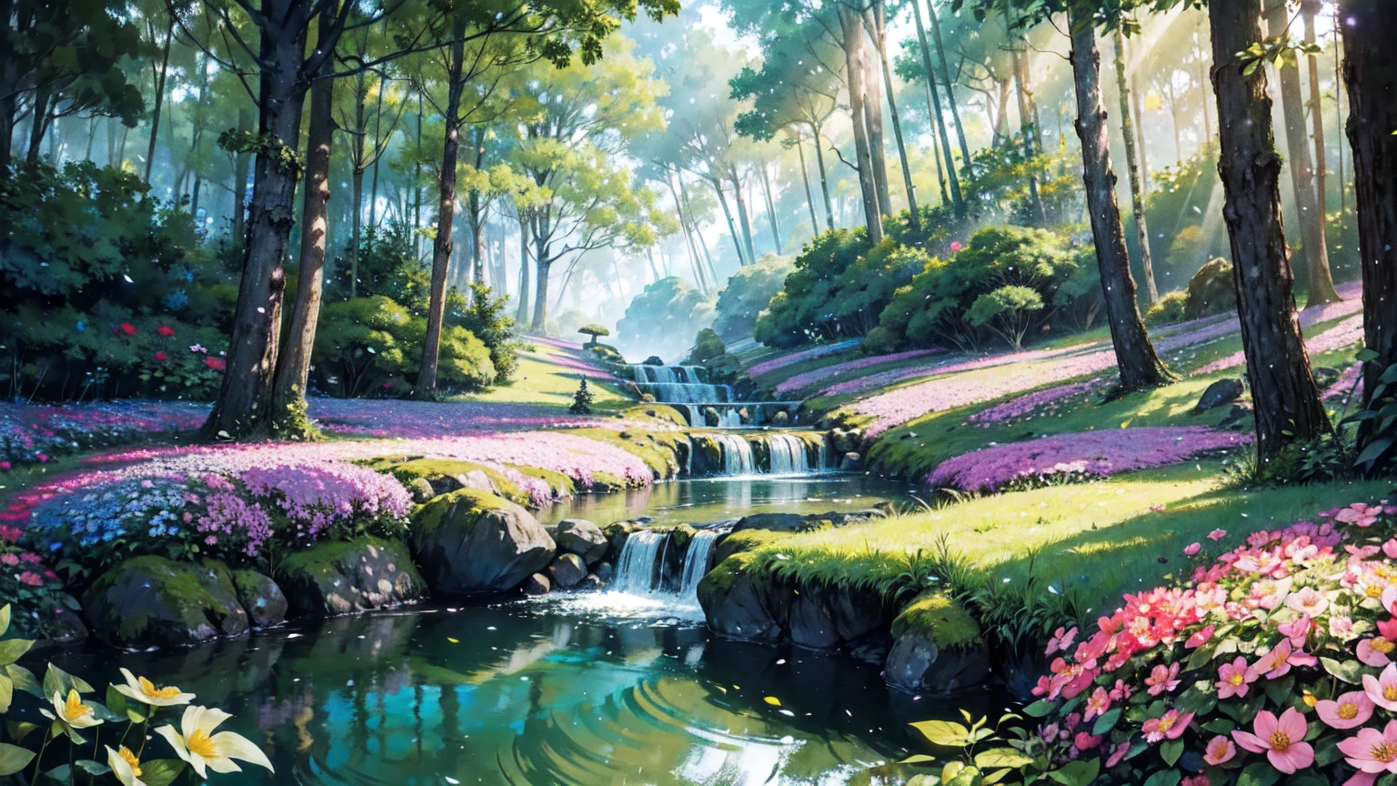 The backdrop is a peaceful, colorful setting in a vibrant forest, uninhabited and full of flowers. There is a small, unobtrusive stream running along the edge. Glowing little fairies are flying around. Background only.