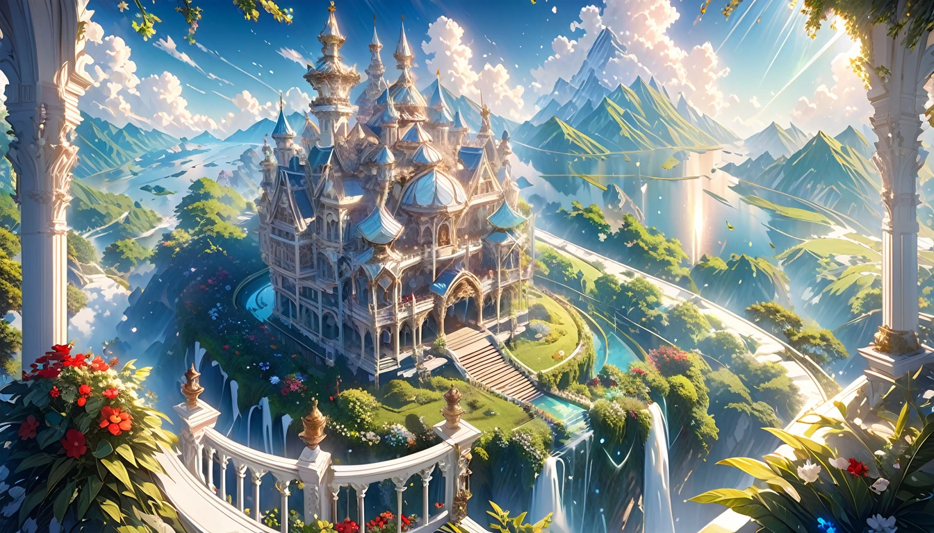 a magnificent floating royal castle in the sky, It is made of a material that resembles a mixture of pure white marble and transparent crystal,  a huge astronomical telescope on the balcony, ornate architecture, highly detailed, intricate carvings and decorations, glowing crystals, sunlight streaming through stained glass windows, overflowing gardens, lush greenery, (best quality,4k,8k,highres,masterpiece:1.2),ultra-detailed,(realistic,photorealistic,photo-realistic:1.37),detailed lighting, dramatic shadows, vibrant colors, fantasy, digital art, concept art