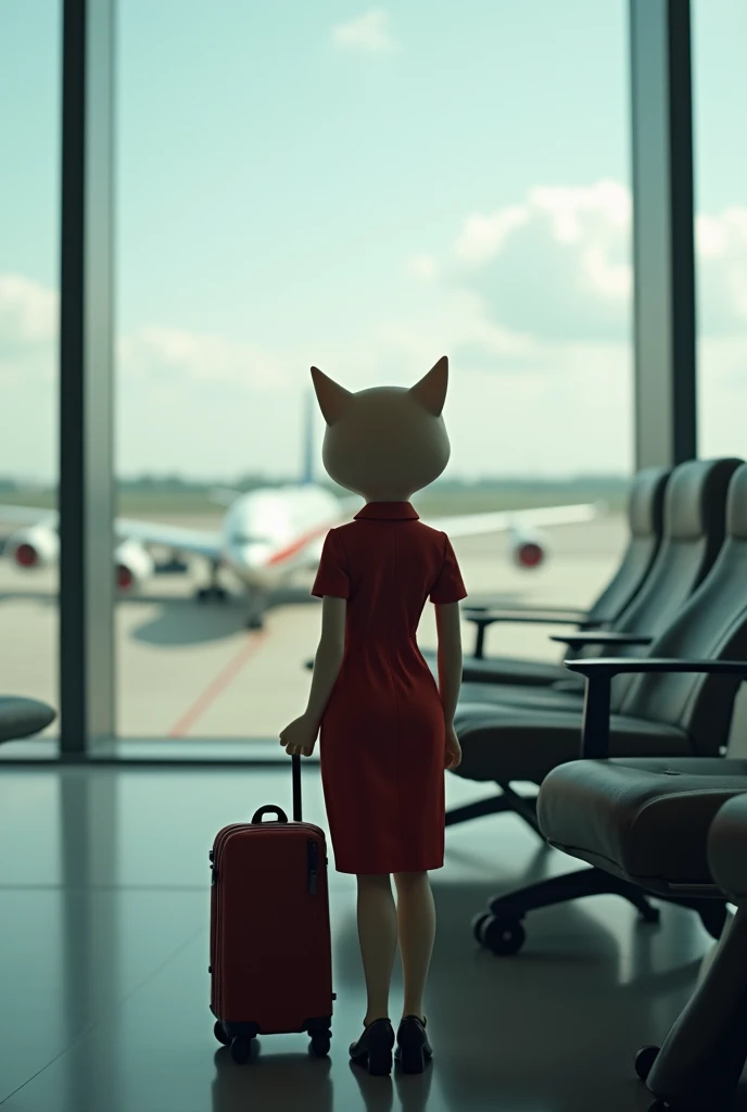 35mm lens，Multiple angles，full-body shot，漂亮的Cat，cute，Sexy，Personification，Back，side，silhouette，Overhead shot，Cat，Standing，doll，Airline stewardess，Trolley case，，AIRPORT，Boeing 747 background，Airline stewardess， cloak,Ruan Jia,，Work clothes，tie, full-body shot，(Delicate face), (Fine fluffy fur)，（35mm Cinema Lens），（Multi-angle shooting），（many viewing angles）
