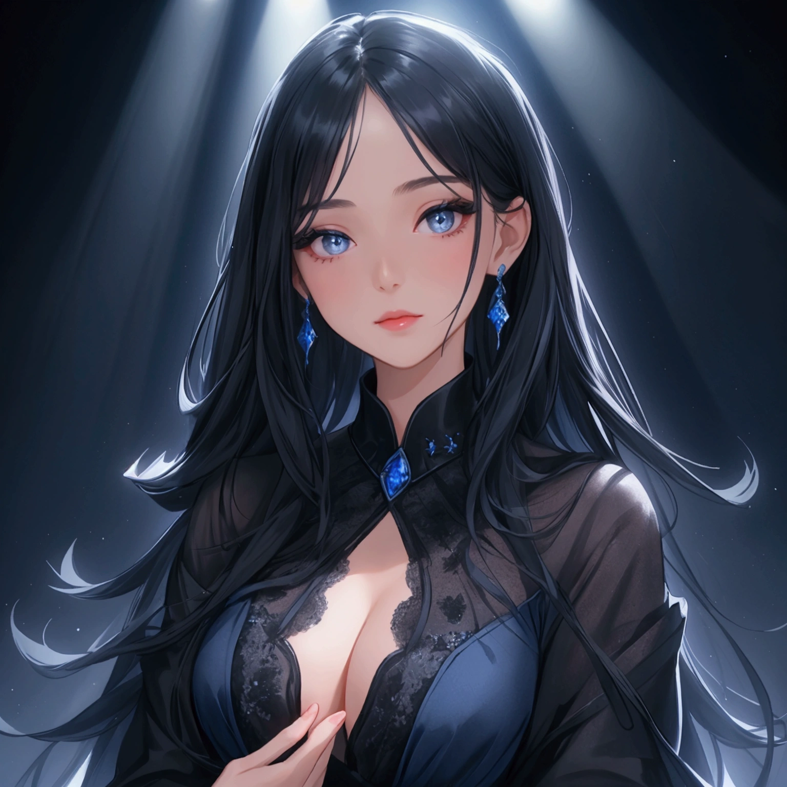 Beautiful young woman with long black hair wearing a night dress. The background is a stage with blue and black tones. There is a spotlight shining on her face. Close-up.