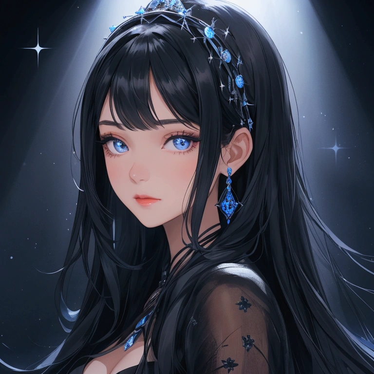 Beautiful young woman with long black hair wearing a night dress. The background is a stage with blue and black tones. There is a spotlight shining on her face. Close-up.