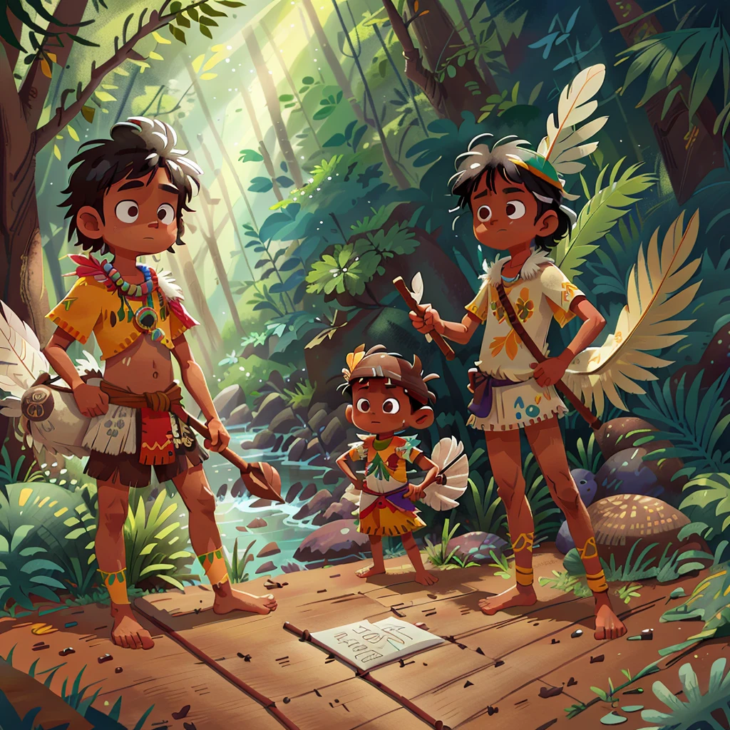 Poster design, (SFW), a Brazilian Indian woman and a Brazilian Indian boy, naked bodies, feathers on head, indigenous clothing, paddling in a deep canoe and a large river of interspersed paper sheets in the forest, perfect quality, Focus Clear, fullcolor, face perfect, details Intricate, ultra-low viewing angle, wide angle lens