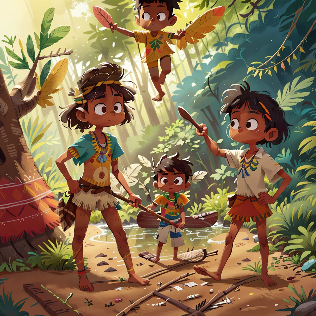 Poster design, (SFW), a Brazilian Indian woman and a Brazilian Indian boy, naked bodies, feathers on head, indigenous clothing,  paddling in a deep canoe and a large river of interspersed paper sheets in the forest, perfect quality, Focus Clear, fullcolor, face perfect, details Intricate, ultra-low viewing angle, wide angle lens