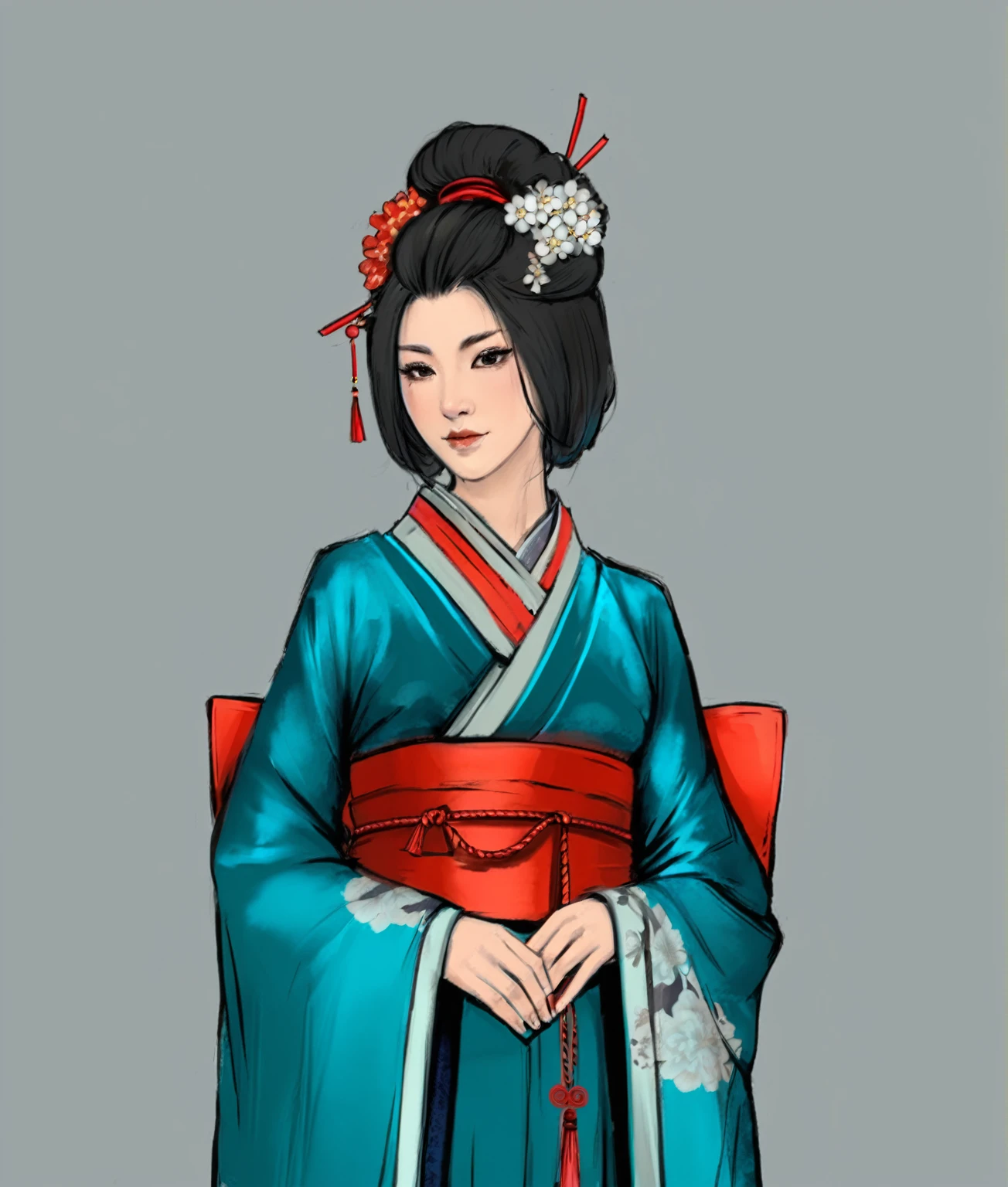 Необходимо создать concept-арт самурая для MMORPG, centered on a Japanese setting. A geisha should inspire grace, sophistication and mystery, typical of Japanese culture. Picture her in a traditional kimono with details, combining elements of traditional and fantasy design. full length, concept, full length персонаж, digital painting