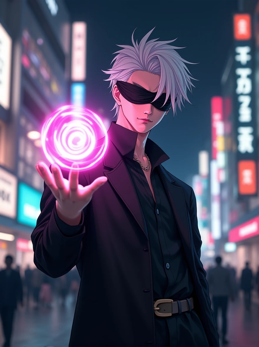 ((masterpiece, 8K, best quality, high resolution:1.3)), (a tall and slender man with a lean build:1.2), (he has a very delicate face:1.2), (his hair is completely white, slightly messy, falling over his forehead, and generally styled upwards:1.2), (his eyes are covered by a black blindfold:1.2), (he is wearing a black outfit consisting of a black t-shirt and matching pants, giving him an elegant and imposing appearance:1.2), (his style is confident and casual, reflecting his charismatic and powerful personality:1.2), (he is smiling:1.2), (a purple energy ball is being projected from one of his hands:1.2), (he is in Shibuya at night:1.2), (the background features the bustling streets of Shibuya with neon lights, tall buildings, and a crowd of people:1.2), (the scene is illuminated with dramatic, moody lighting from the city lights:1.2), (the composition showcases his dynamic pose and the vibrant energy ball:1.2), (a moment frozen in time, capturing the essence of power and charisma:1.3), (ultra photorealistic, highlighting his features and the energetic city backdrop:1.3), (an image that transports viewers to a captivating and immersive moment:1.2), (a scene that exemplifies the beauty of a powerful character in an urban setting:1.2)