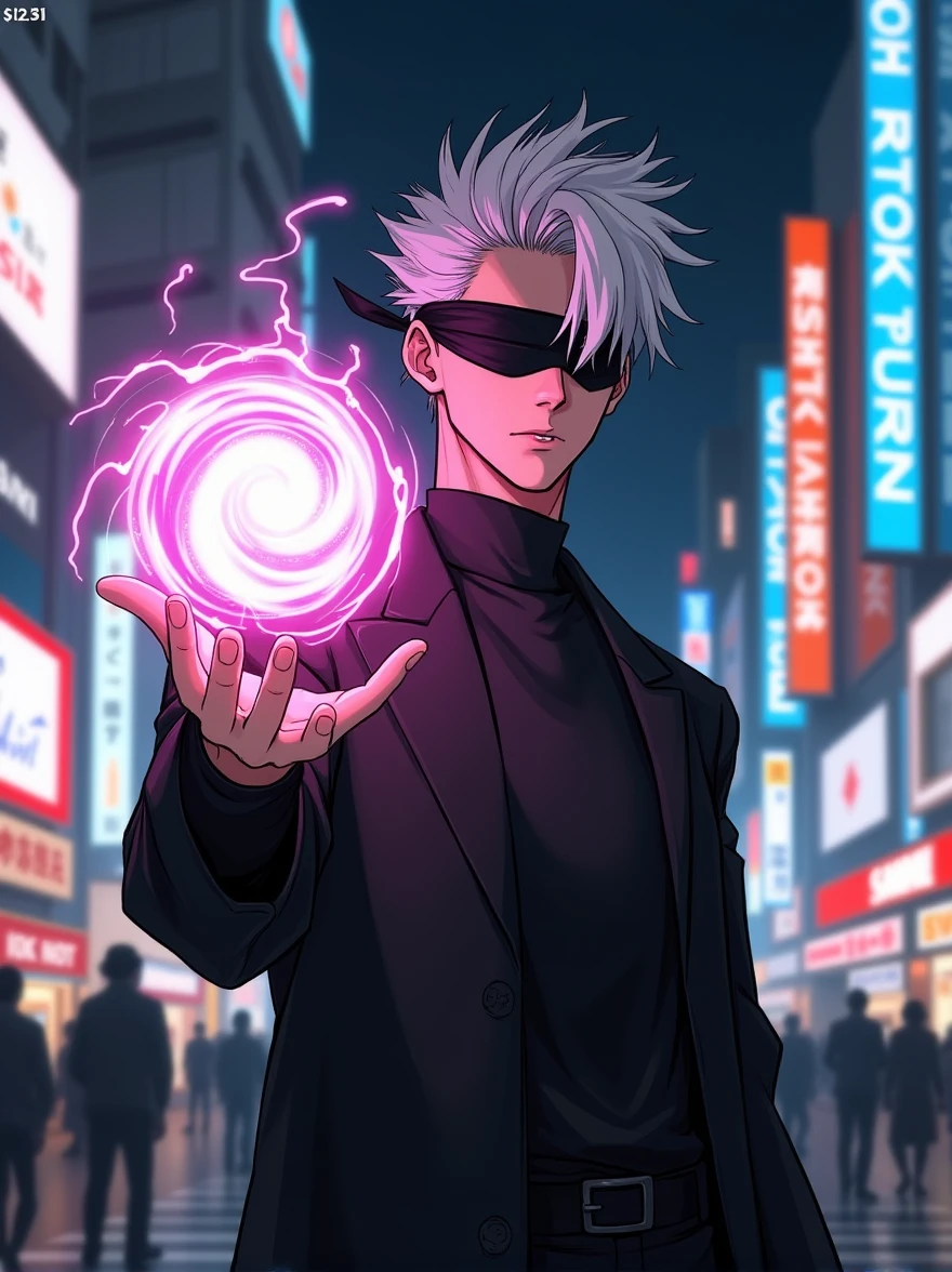 ((masterpiece, 8K, best quality, high resolution:1.3)), (a tall and slender man with a lean build:1.2), (he has a very delicate face:1.2), (his hair is completely white, slightly messy, falling over his forehead, and generally styled upwards:1.2), (his eyes are covered by a black blindfold:1.2), (he is wearing a black outfit consisting of a black t-shirt and matching pants, giving him an elegant and imposing appearance:1.2), (his style is confident and casual, reflecting his charismatic and powerful personality:1.2), (he is smiling:1.2), (a purple energy ball is being projected from one of his hands:1.2), (he is in Shibuya at night:1.2), (the background features the bustling streets of Shibuya with neon lights, tall buildings, and a crowd of people:1.2), (the scene is illuminated with dramatic, moody lighting from the city lights:1.2), (the composition showcases his dynamic pose and the vibrant energy ball:1.2), (a moment frozen in time, capturing the essence of power and charisma:1.3), (ultra photorealistic, highlighting his features and the energetic city backdrop:1.3), (an image that transports viewers to a captivating and immersive moment:1.2), (a scene that exemplifies the beauty of a powerful character in an urban setting:1.2)
