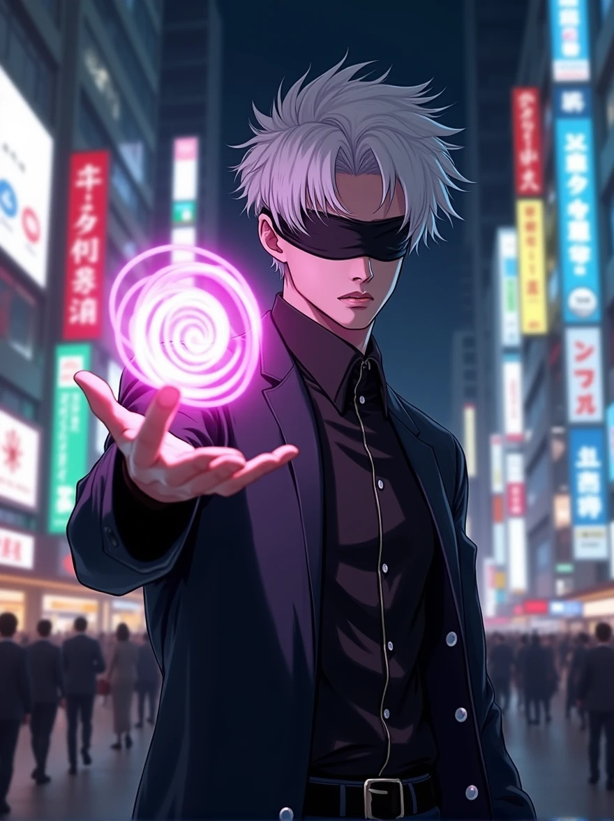 ((masterpiece, 8K, best quality, high resolution:1.3)), (a tall and slender man with a lean build:1.2), (he has a very delicate face:1.2), (his hair is completely white, slightly messy, falling over his forehead, and generally styled upwards:1.2), (his eyes are covered by a black blindfold:1.2), (he is wearing a black outfit consisting of a black t-shirt and matching pants, giving him an elegant and imposing appearance:1.2), (his style is confident and casual, reflecting his charismatic and powerful personality:1.2), (he is smiling:1.2), (a purple energy ball is being projected from one of his hands:1.2), (he is in Shibuya at night:1.2), (the background features the bustling streets of Shibuya with neon lights, tall buildings, and a crowd of people:1.2), (the scene is illuminated with dramatic, moody lighting from the city lights:1.2), (the composition showcases his dynamic pose and the vibrant energy ball:1.2), (a moment frozen in time, capturing the essence of power and charisma:1.3), (ultra photorealistic, highlighting his features and the energetic city backdrop:1.3), (an image that transports viewers to a captivating and immersive moment:1.2), (a scene that exemplifies the beauty of a powerful character in an urban setting:1.2)