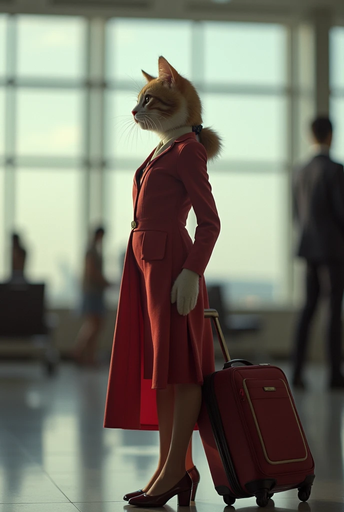 35mm lens,Multiple angles,漂亮的Cat,cute,Sexy,Personification,Back,side,silhouette,Overhead shot,Cat,Standing,doll,Airline stewardess,Trolley case,,AIRPORT,Airline stewardess, cloak,Ruan Jia,,Work clothes,tie, (Delicate face), (Fine fluffy fur),(35mm Cinema Lens),(Multi-angle shooting),(many viewing angles)