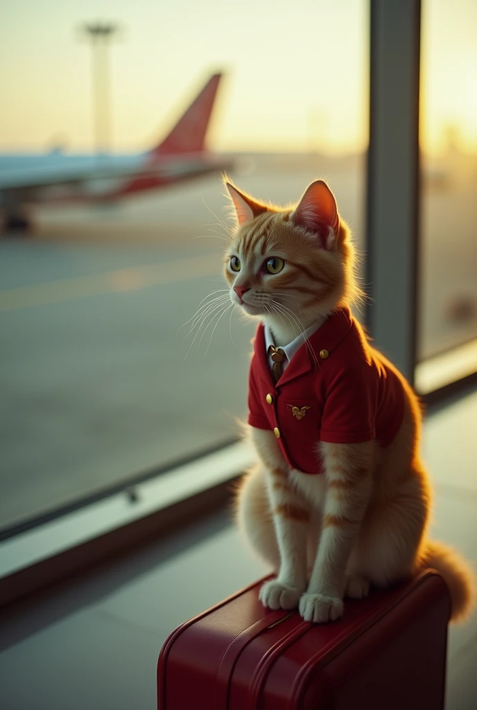 35mm lens,Multiple angles,漂亮的Cat,cute,y,Personification,Back,side,silhouette,Overhead shot,Cat,Standing,doll,Airline stewardess,Trolley case,,AIRPORT,Airline stewardess, cloak,Ruan Jia,,Work clothes,tie, (Delicate face), (Fine fluffy fur),(35mm Cinema Lens),(Multi-angle shooting),(many viewing angles)