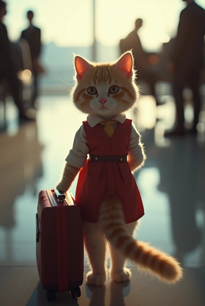 35mm lens，Multiple angles，漂亮的Cat，cute，Sexy，Personification，Back，side，silhouette，Overhead shot，Cat，Standing，doll，Airline stewardess，Trolley case，，AIRPORT，Airline stewardess， cloak,Ruan Jia,，Work clothes，tie, (Delicate face), (Fine fluffy fur)，（35mm Cinema Lens），（Multi-angle shooting），（many viewing angles）