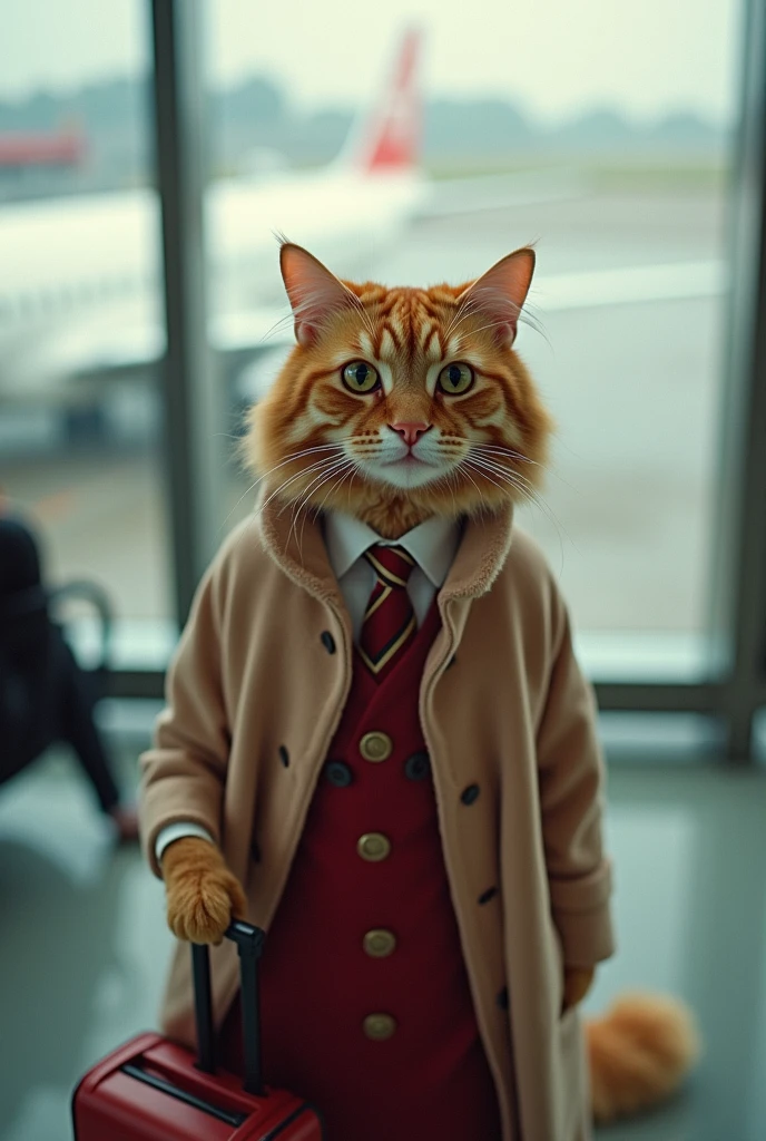 35mm lens,Multiple angles,漂亮的Cat,cute,Sexy,Personification,Back,side,silhouette,Overhead shot,Cat,Standing,doll,Airline stewardess,Trolley case,,AIRPORT,Airline stewardess, cloak,Ruan Jia,,Work clothes,tie, (Delicate face), (Fine fluffy fur),(35mm Cinema Lens),(Multi-angle shooting),(many viewing angles)