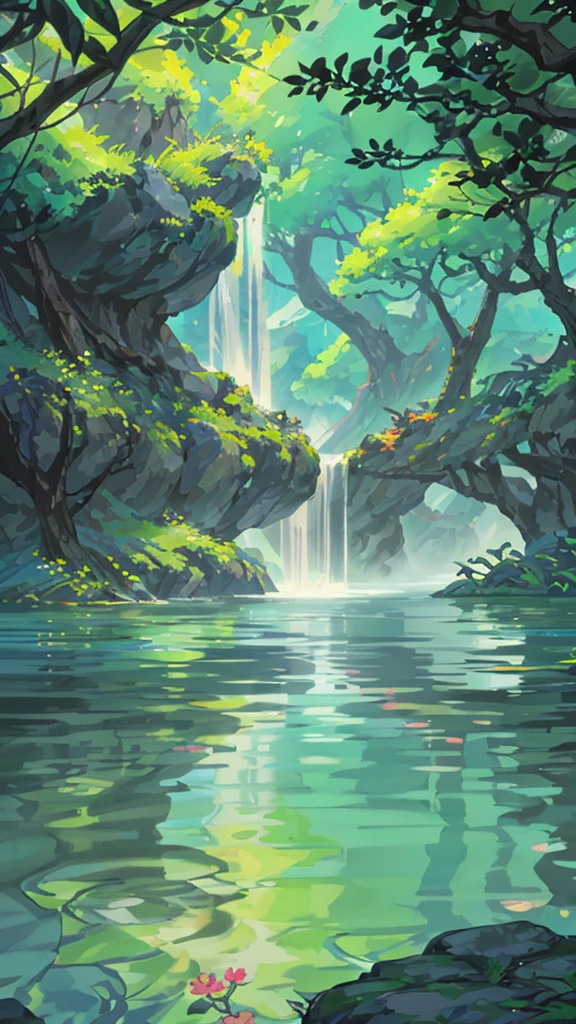 Chinese ancient times, spring, jungle, lake, cave, waterfall, tree, meadow, rock, deer, hot spring, water vapor, (illustration: 1.0), epic composition, realistic lighting, HD details, masterpiece, best quality, (very detailed CG unified 8k wallpaper)