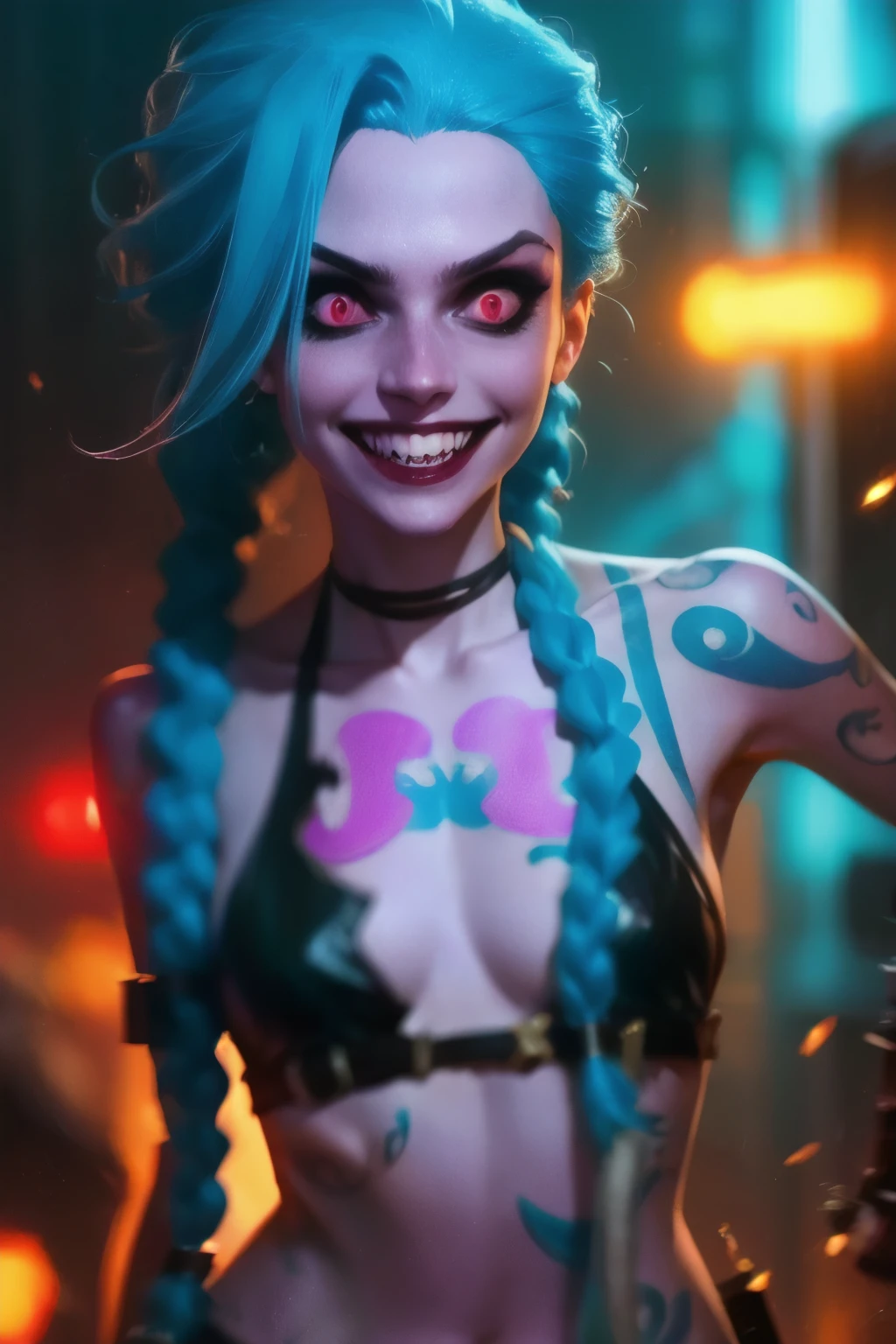 Hyper realistic super detailed Jinx cosplay , ((Young girl, 15 y Very detailed, (hyper realistic: 1.4), in dynamic pose, (((psycho face, creppy smiling ))) , twin braids, long hair, blue hair, ( red eyes) , ((tattooed arm)) , arcane style. ((Cinematic explosion background, cinematic lighting)).