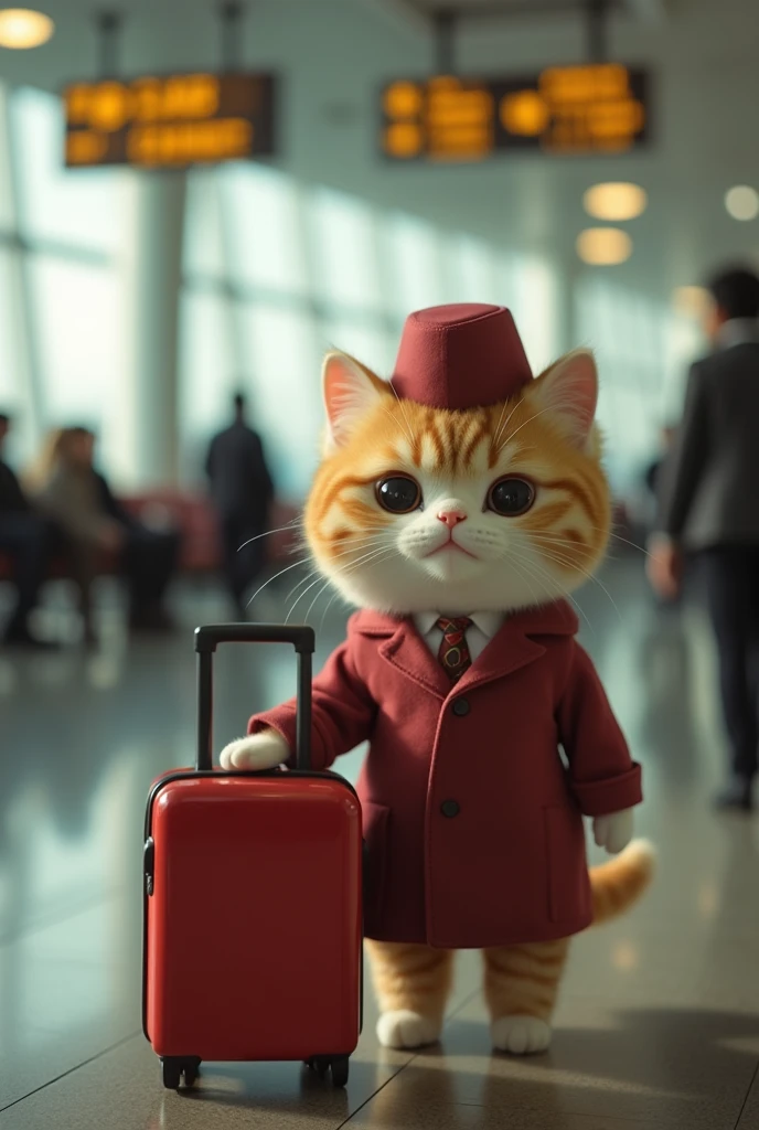 35mm lens，Multiple angles，漂亮的Cat，cute，Sexy，Personification，Back，side，silhouette，Overhead shot，Cat，Standing，doll，Airline stewardess，Trolley case，，AIRPORT，Airline stewardess， cloak,Ruan Jia,，Work clothes，tie, (Delicate face), (Fine fluffy fur)，（35mm Cinema Lens），（Multi-angle shooting），（many viewing angles）