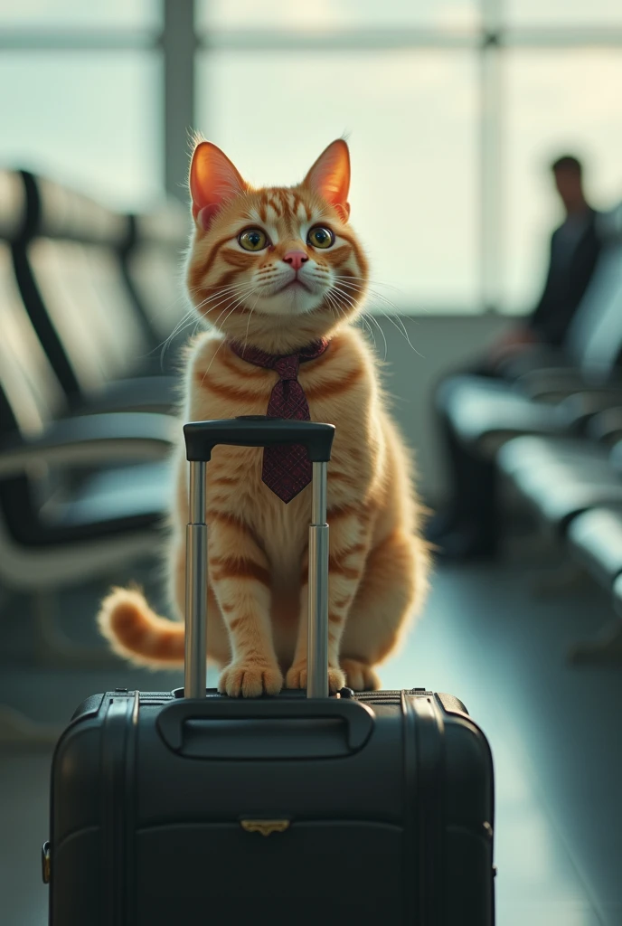 35mm lens,Multiple angles,漂亮的Cat,cute,Sexy,Personification,Back,side,silhouette,Overhead shot,Cat,Standing,doll,Airline stewardess,Trolley case,,AIRPORT,Airline stewardess, cloak,Ruan Jia,,Work clothes,tie, (Delicate face), (Fine fluffy fur),(35mm Cinema Lens),(Multi-angle shooting),(many viewing angles)