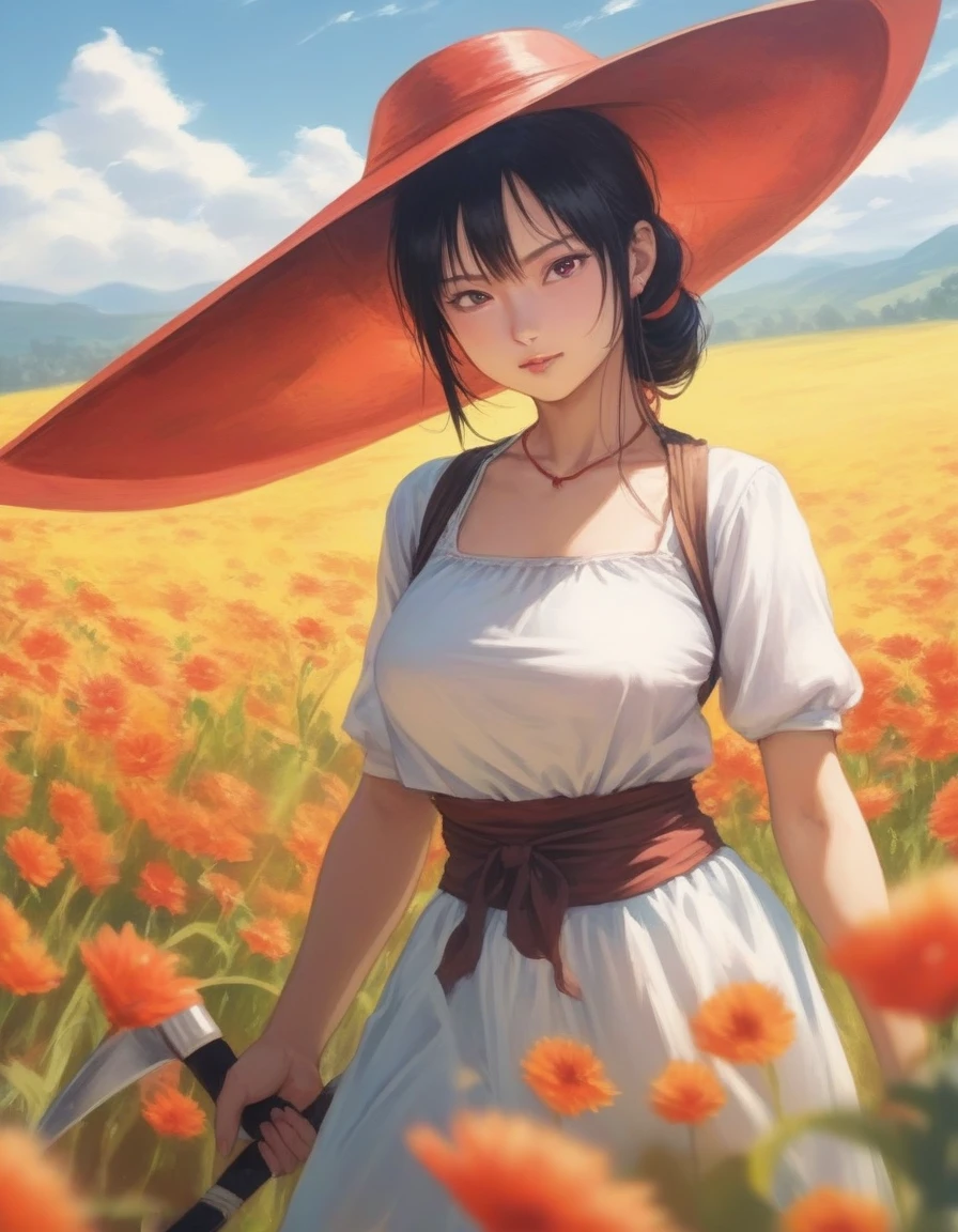 em anime DBZ sarada sexy sensual Boody lol com muitas borboletas clad in traditional Slavic attire, wielding a scythe as she mows through a vibrant red e borboletas field under the high summer sun, captured in a cinematic anime scene, shadows cast directly beneath her, e muitas borboletas sun-filled, colorful realism, modularity, photo realistic, ultra high quality details, great attention to the body and face, UHD, 8K , Watercolor, trending on artstation, sharp focus, studio photo