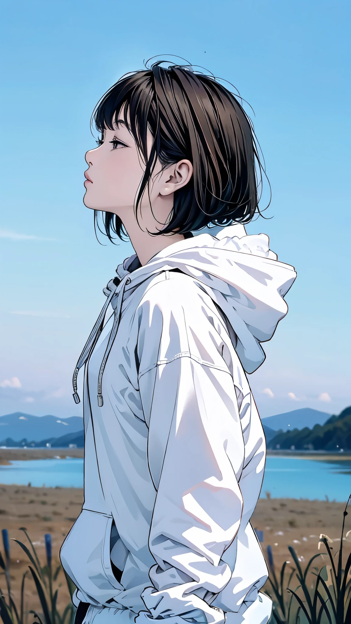 Master Painting、Highest quality、scenery、Night Sky、starry skies、woman、Very depressive、Black Hair、Bobcut、Looking up at the sky、profile、Upper Body、White hoodie、Mid-chest、Japanese。